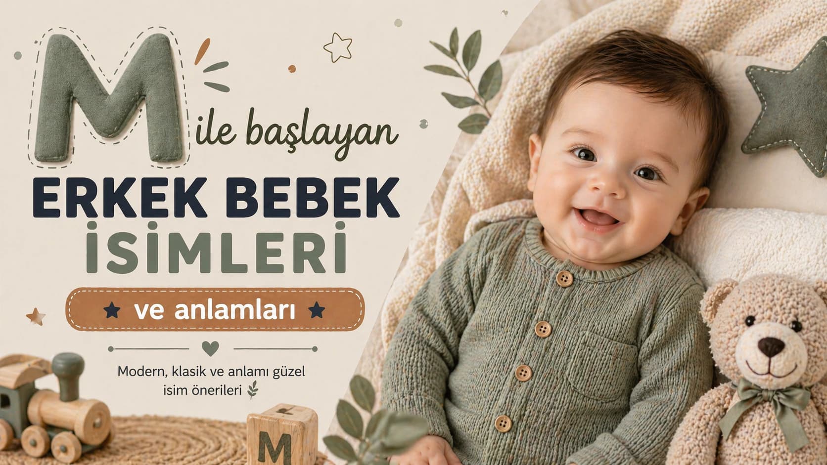 M ile başlayan erkek bebek isimleri ve anlamları için hazırlanan, doğal tonlarda bebek temalı blog kapak görseli.