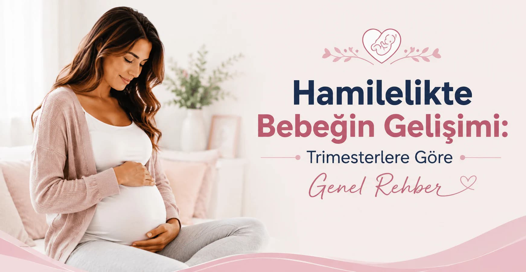 hamilelikte bebeğin gelişimini trimesterlere göre anlatan blog kapak görselinde karnını tutan hamile bir kadın yer alıyor