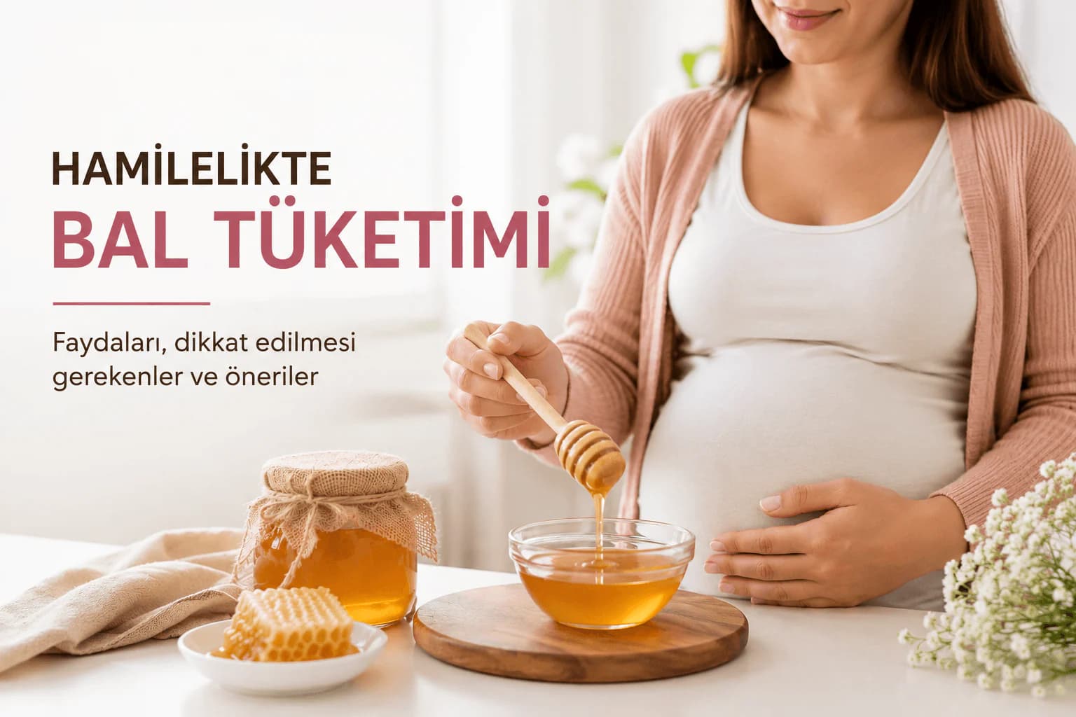 hamilelikte bal tüketimi konulu blog kapak görselinde bal kasesi ve bal çubuğu tutan hamile bir kadın yer alıyor