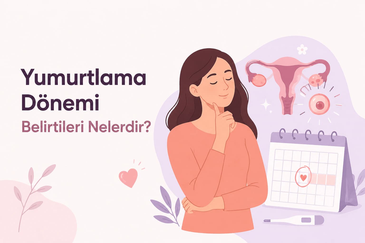 yumurtlama dönemi belirtilerini anlatan blog kapak görselinde takvim, termometre ve kadın üreme sistemi illüstrasyonu yer alıyor