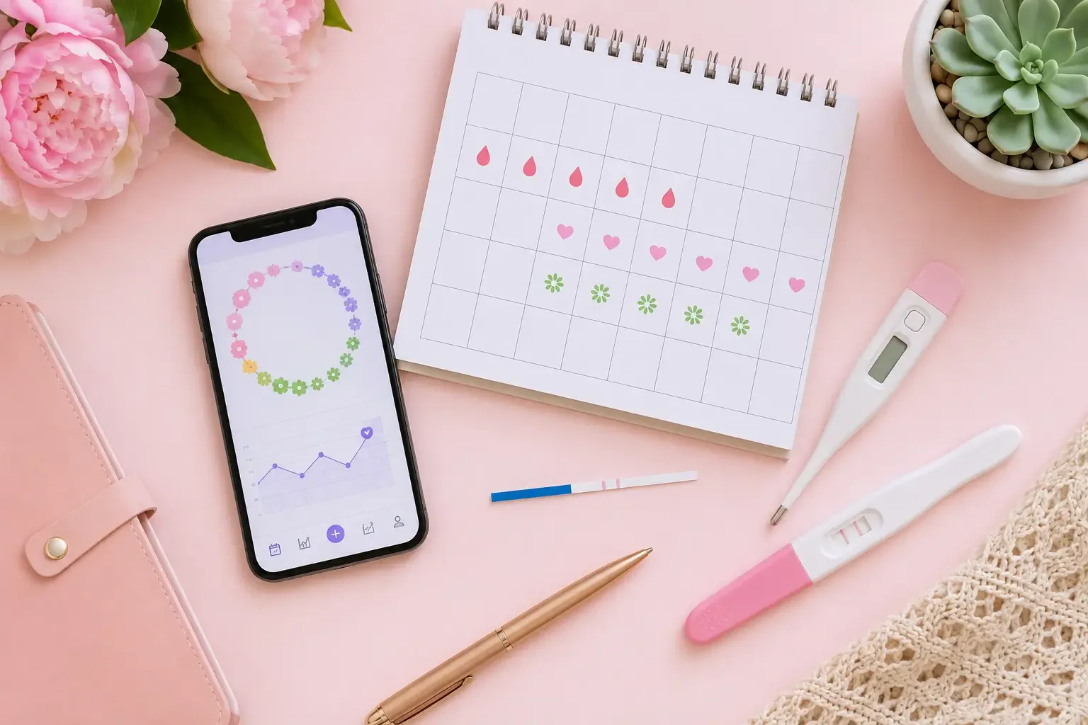gebelik planlayanlar için adet döngüsü ve ovülasyon takibini anlatan blog kapak görselinde takvim, telefon uygulaması, ovülasyon testi ve termometre yer alıyor