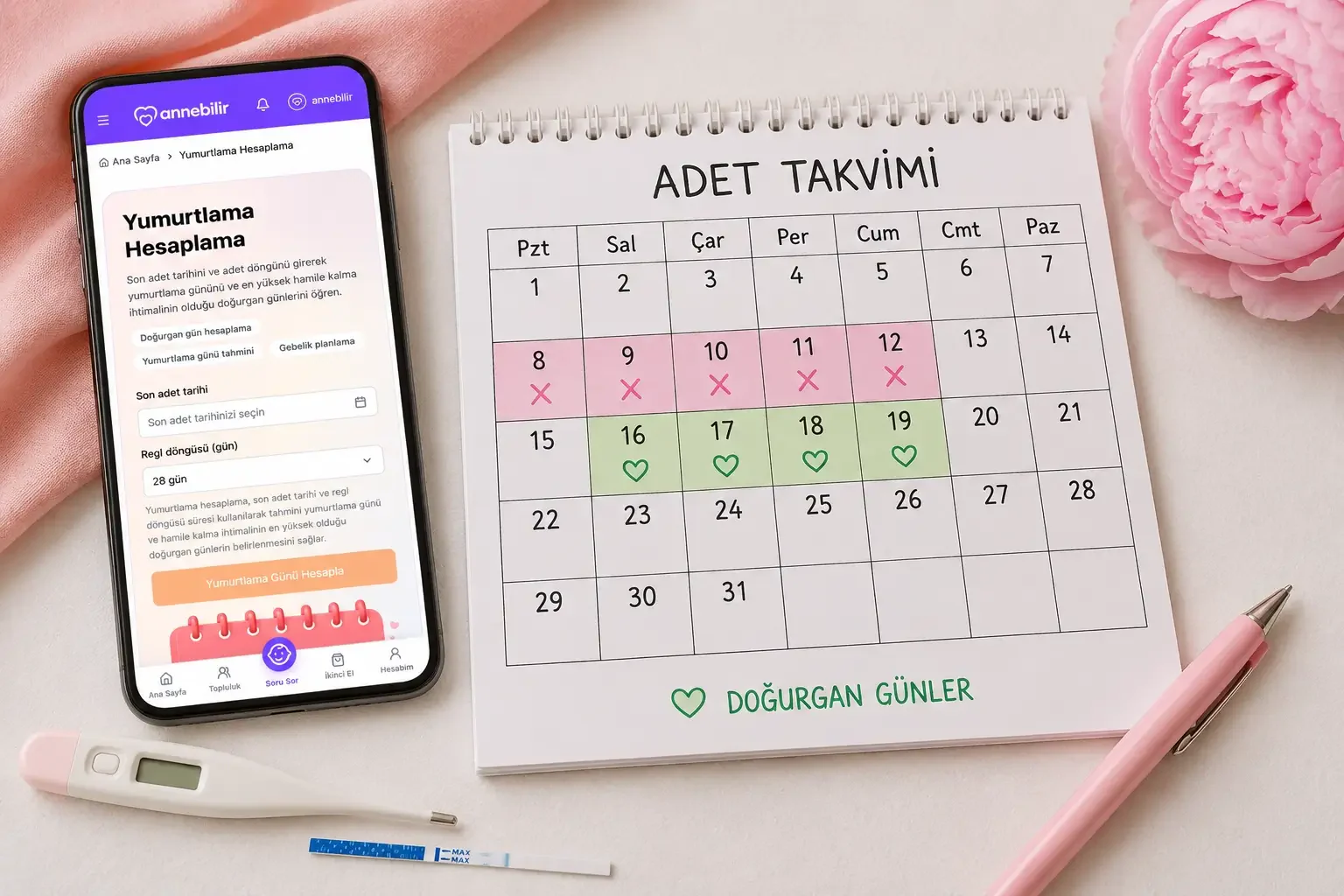 düzensiz adet döngüsünde doğurgan günleri takip etmeyi anlatan blog kapak görselinde adet takvimi, telefon uygulaması ve termometre yer alıyor Meta description: Düzensiz adet döngüsünde doğurgan günleri nasıl takip edebileceğini, yumurtlama belirtilerini ve takvim dışı yöntemleri pratik şekilde öğren.