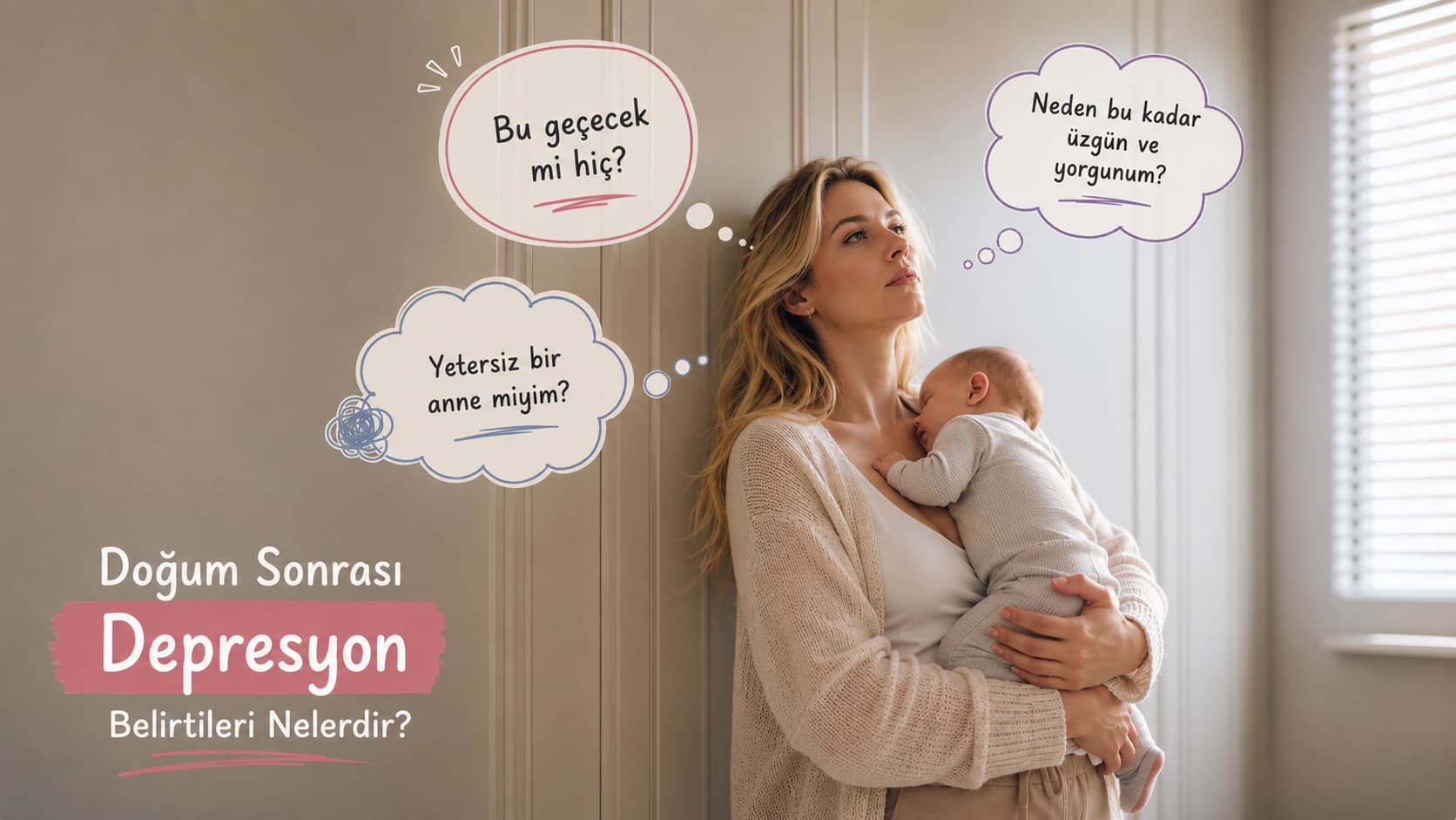 Bebeğini kucağında tutarken duvara yaslanıp dalgın ve yorgun bakan anne doğum sonrası depresyon belirtilerini yansıtıyor